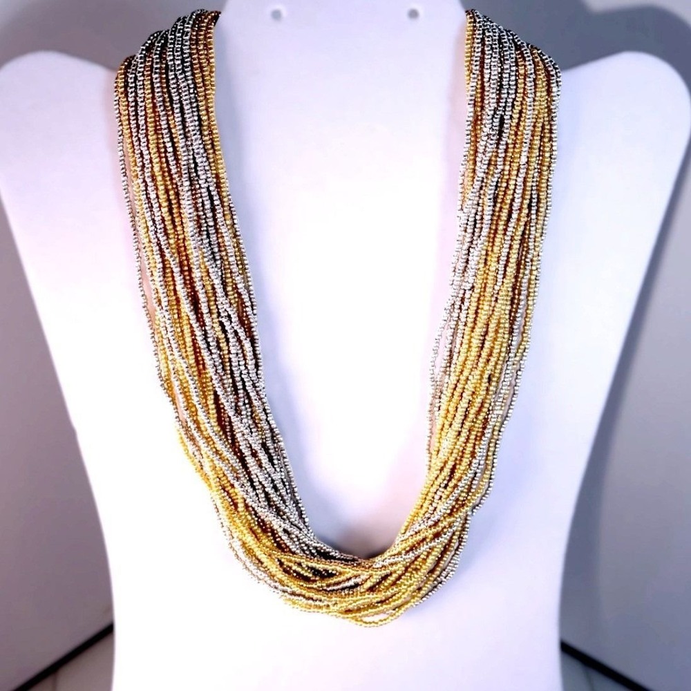 Talbots NOS Multi Strand Gold Silver Two Tone Glass Seed Bead Collar Necklace